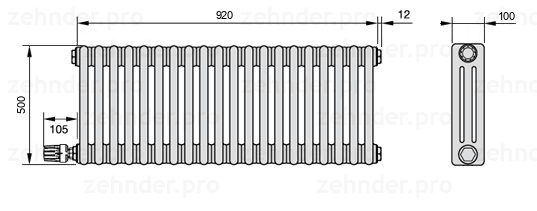 Схема (чертеж) Радиатор Zehnder Charleston 3050/20 №V004 Белый глянцевый RAL 9016